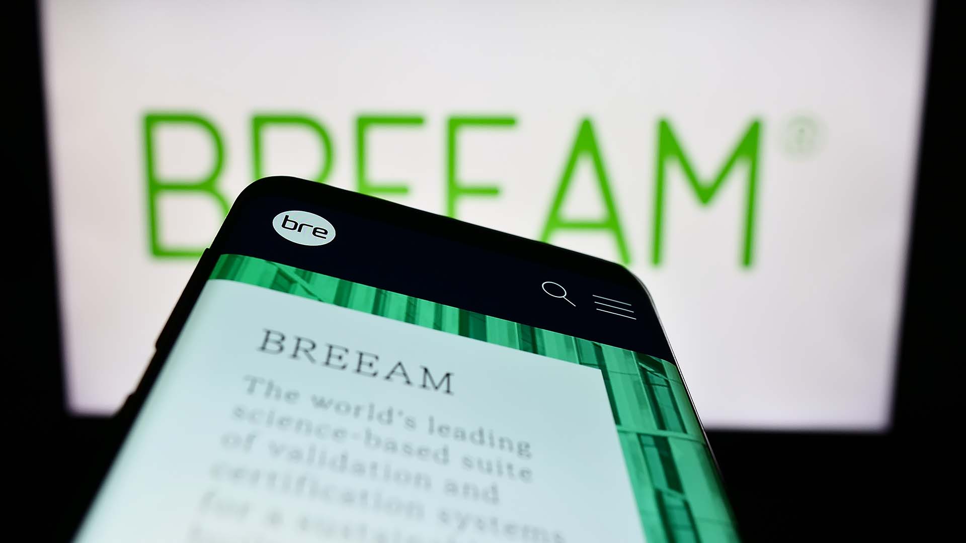 What is BREEAM? This picture shows a mobile device and screen with the word BREEAM in green